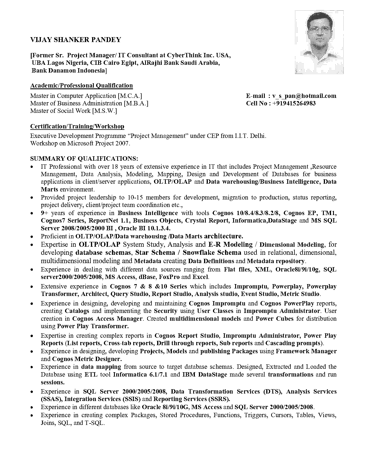 cognos architect sample resume