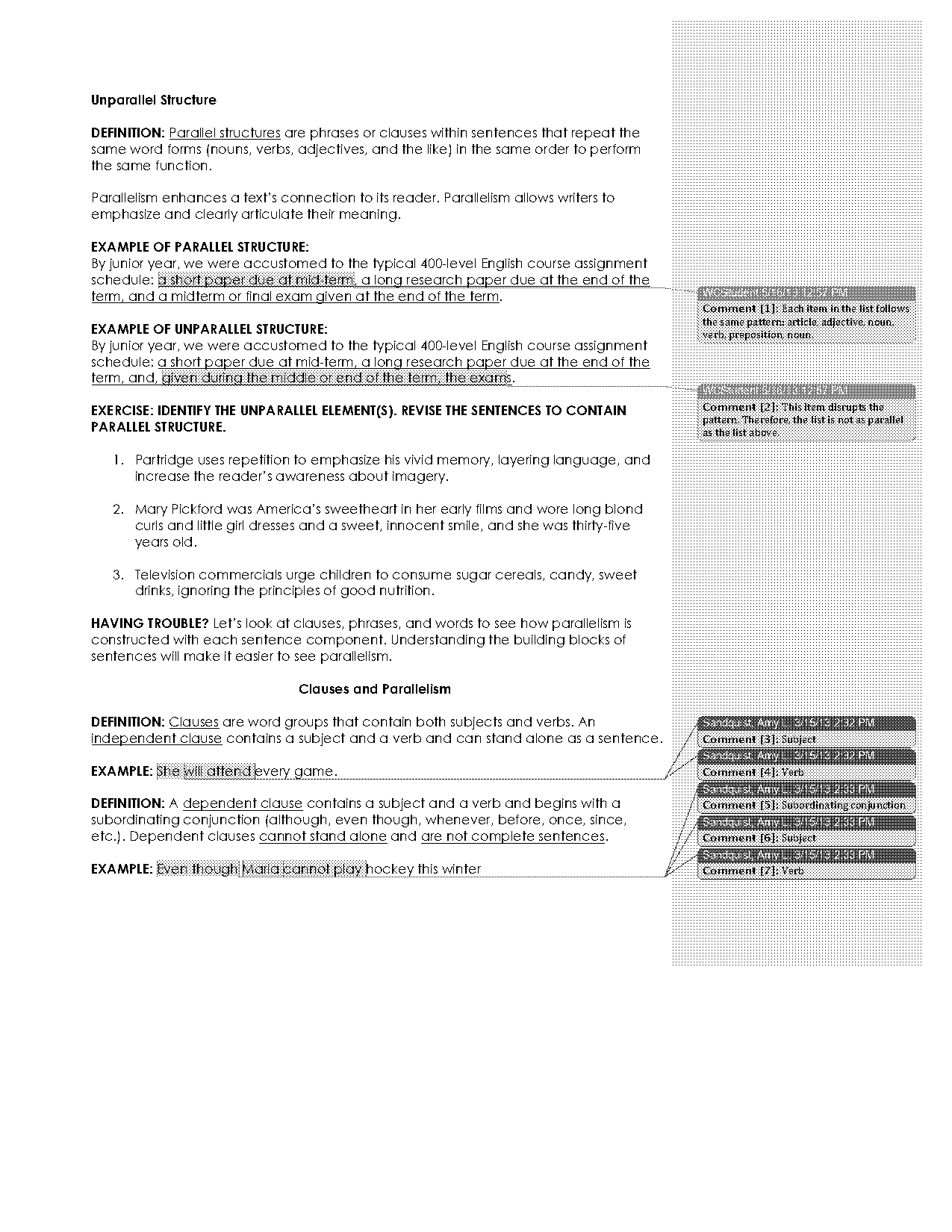 parallel structure example sentences