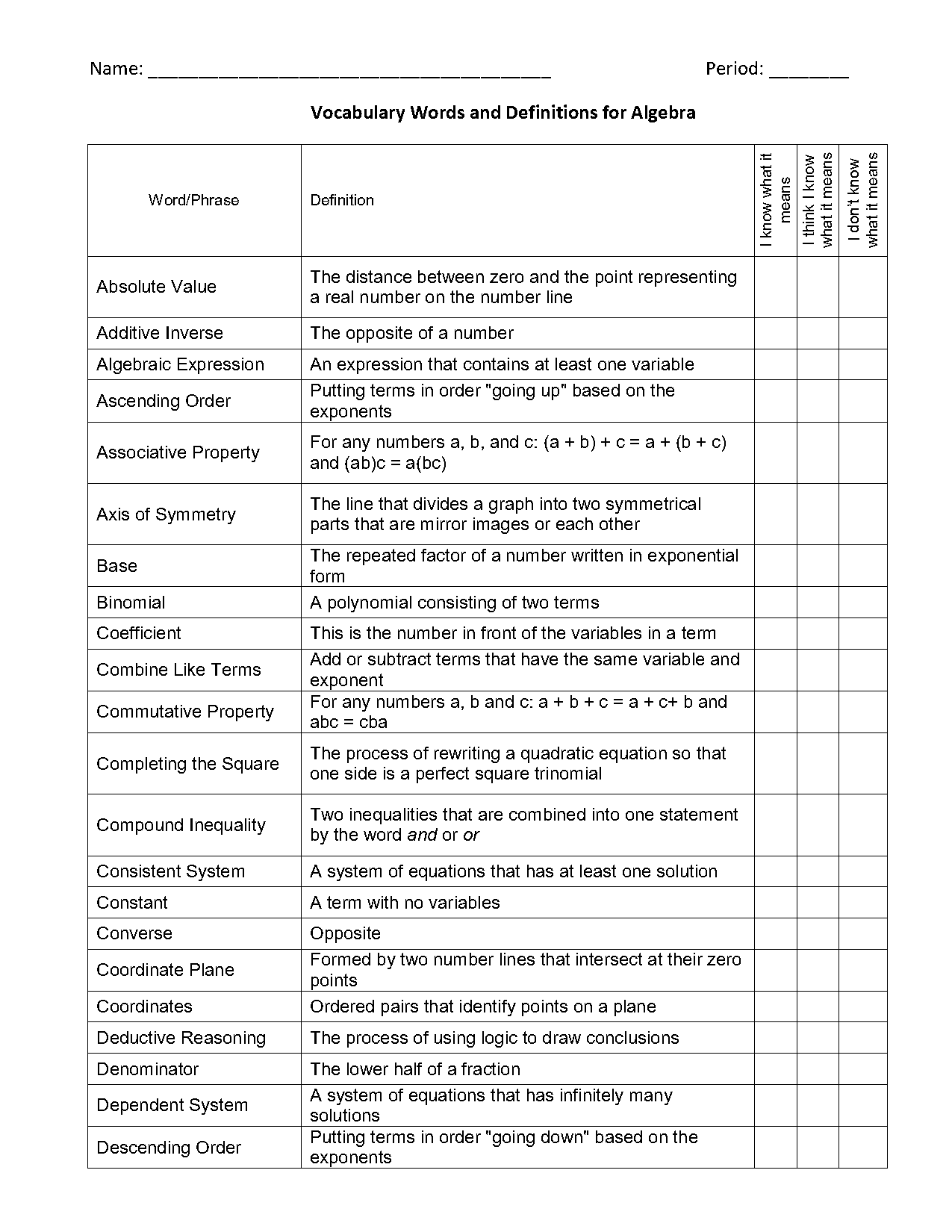 algebra vocabulary worksheet pdf