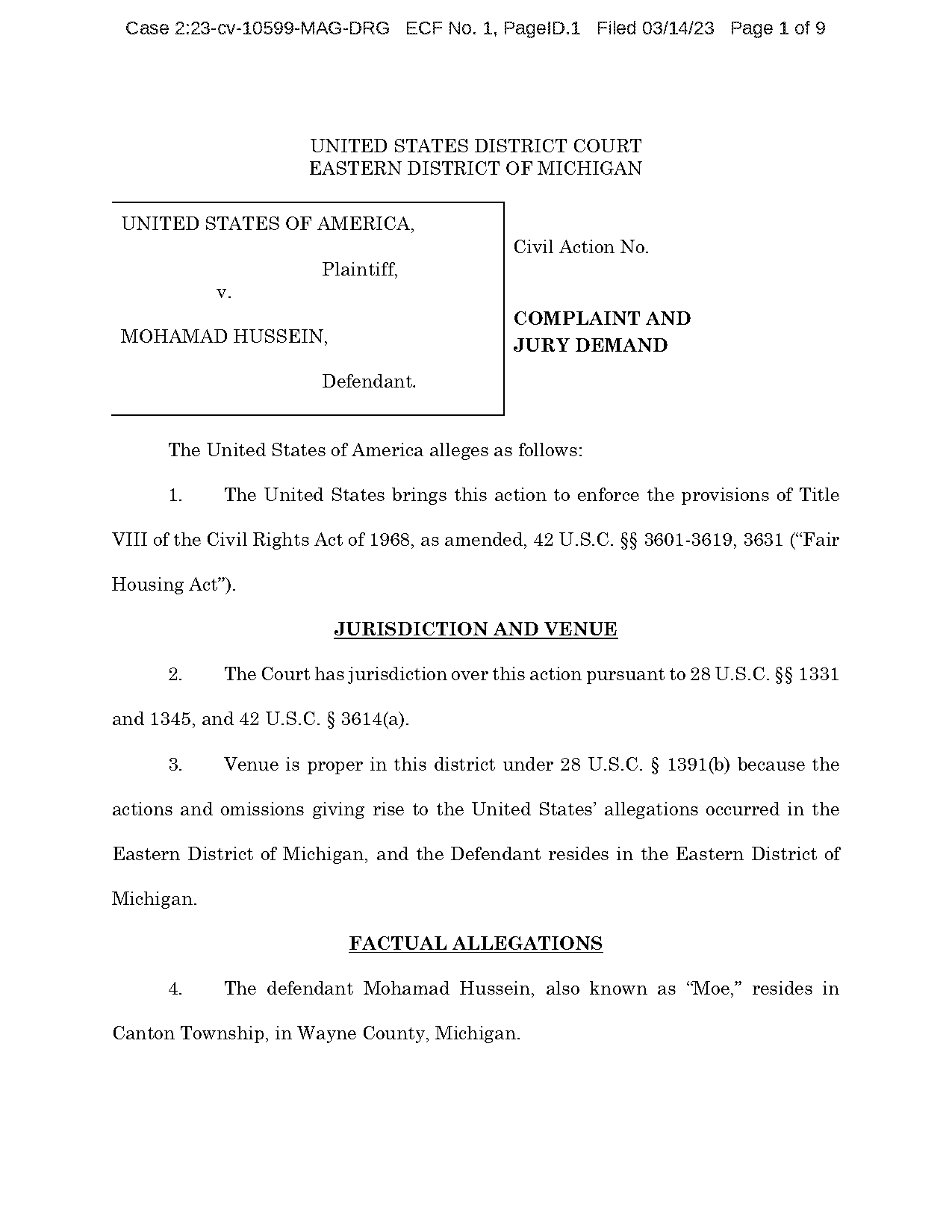 complaint and jury demand district court michigan