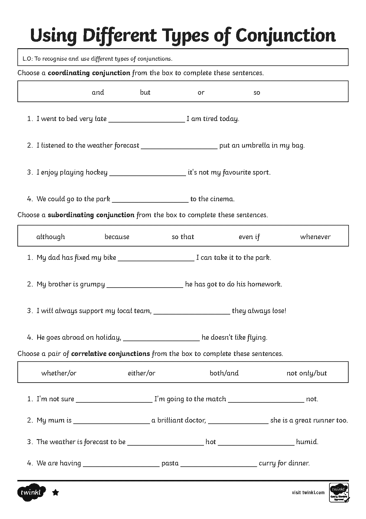 coordinating and subordinating conjunctions worksheets with answers pdf