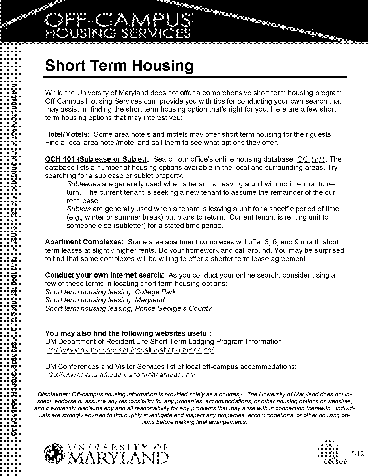 do universities offer short term housing