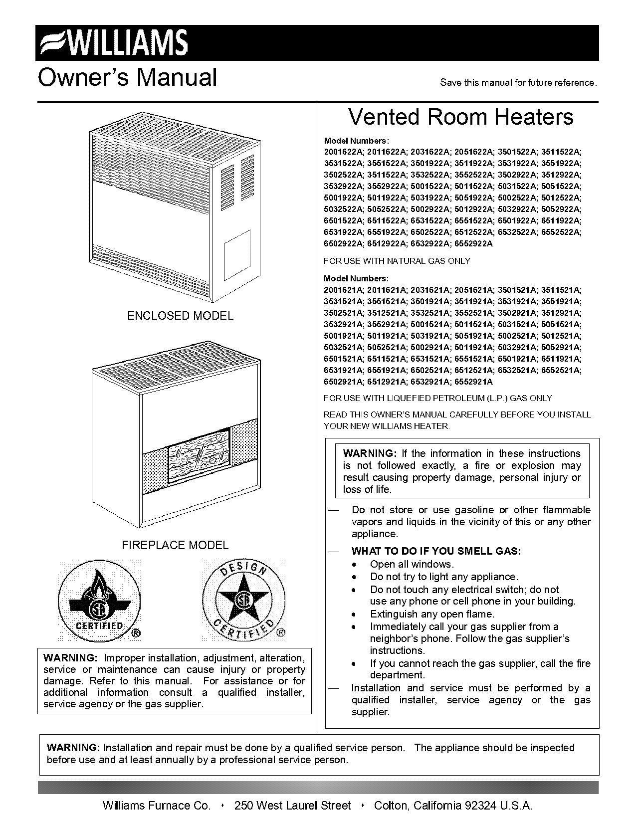 williams electric wall furnace manual