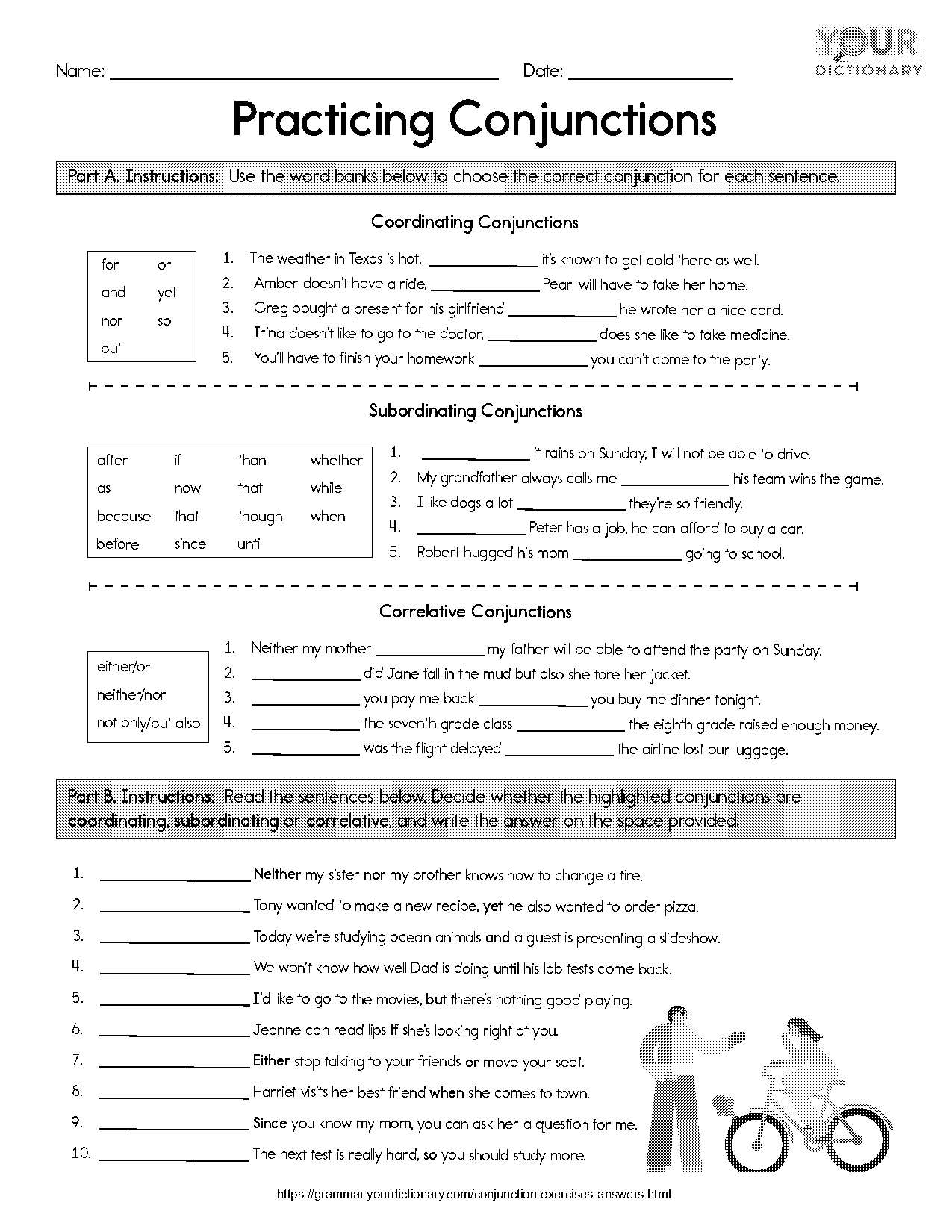 coordinating and subordinating conjunctions worksheets with answers pdf