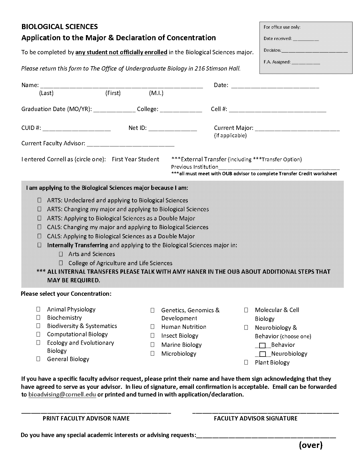 cornell bio major neurobiology concentration requirements