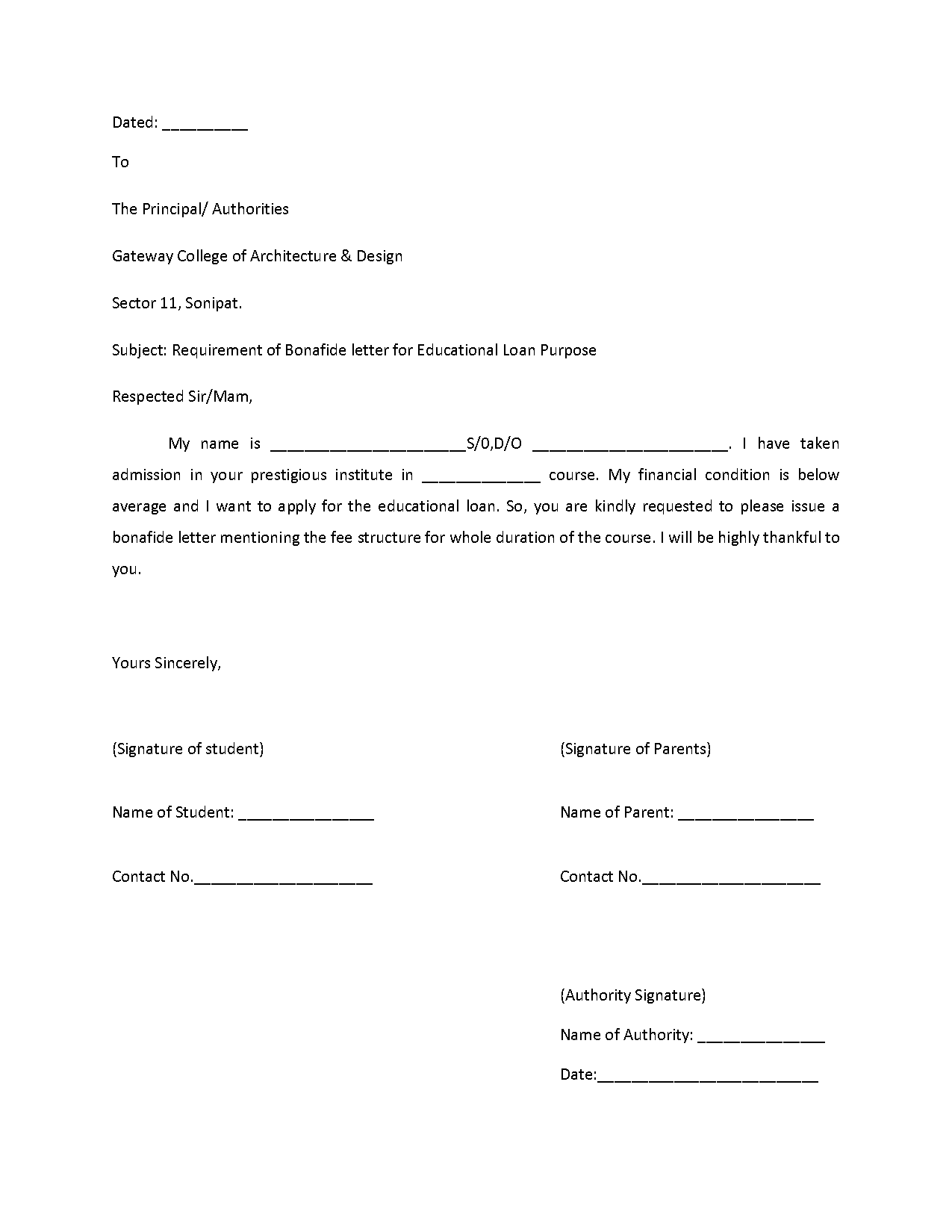 application letter for education loan to college