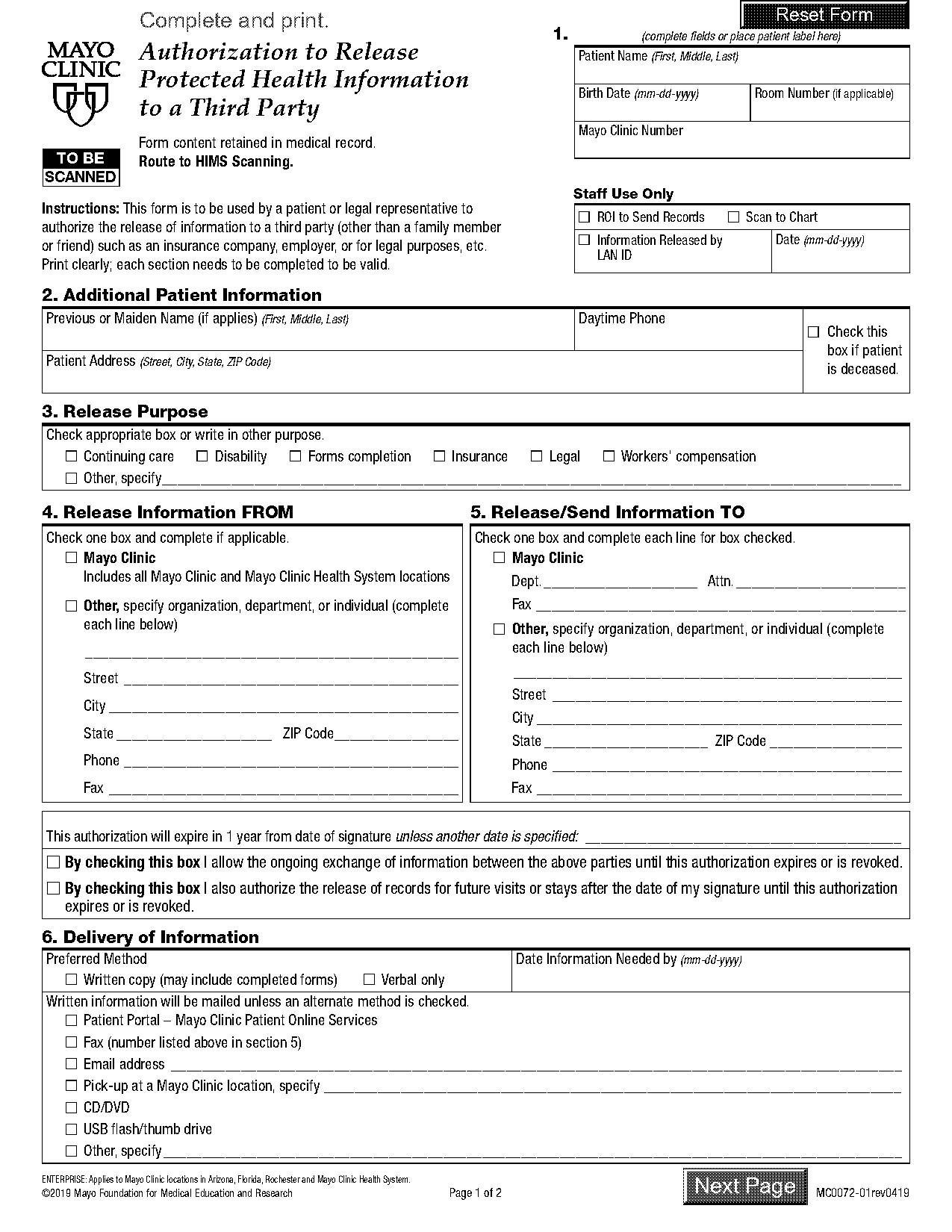 mayo clinic medical records release form