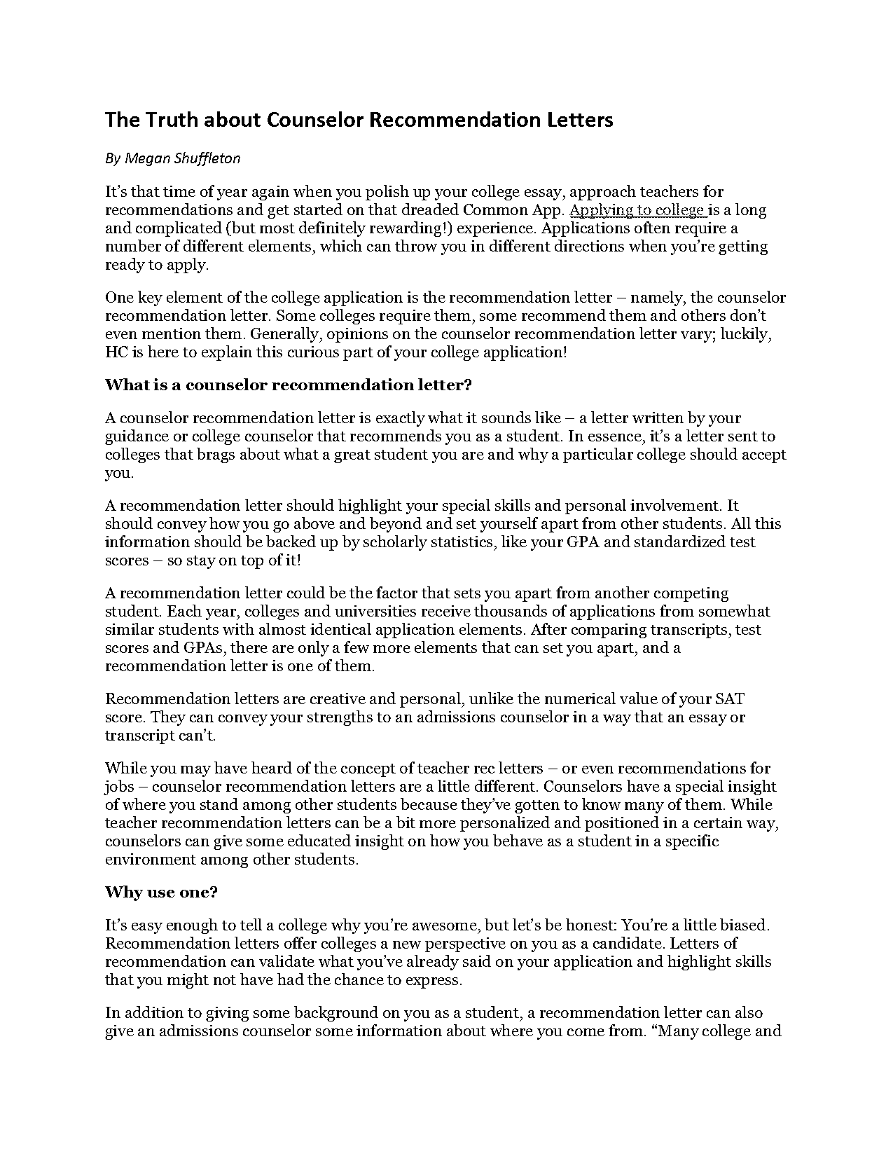 letter to college recommending applicant