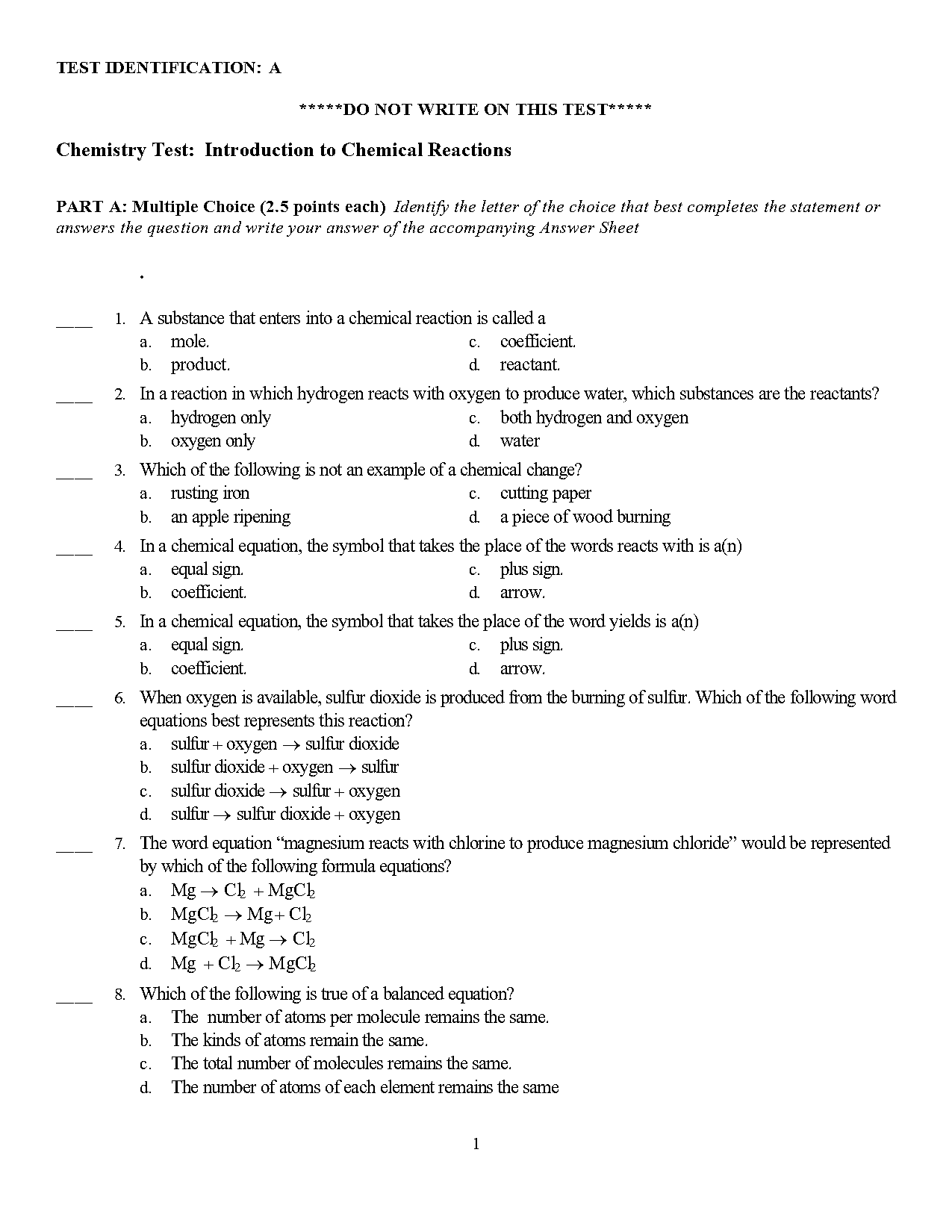 chemical reactions questions pdf