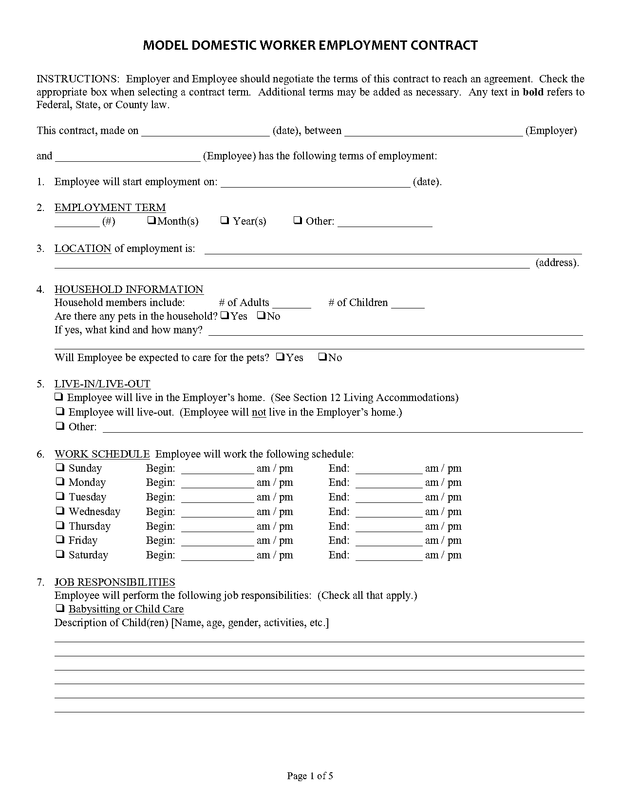 nanny housekeeper contract template