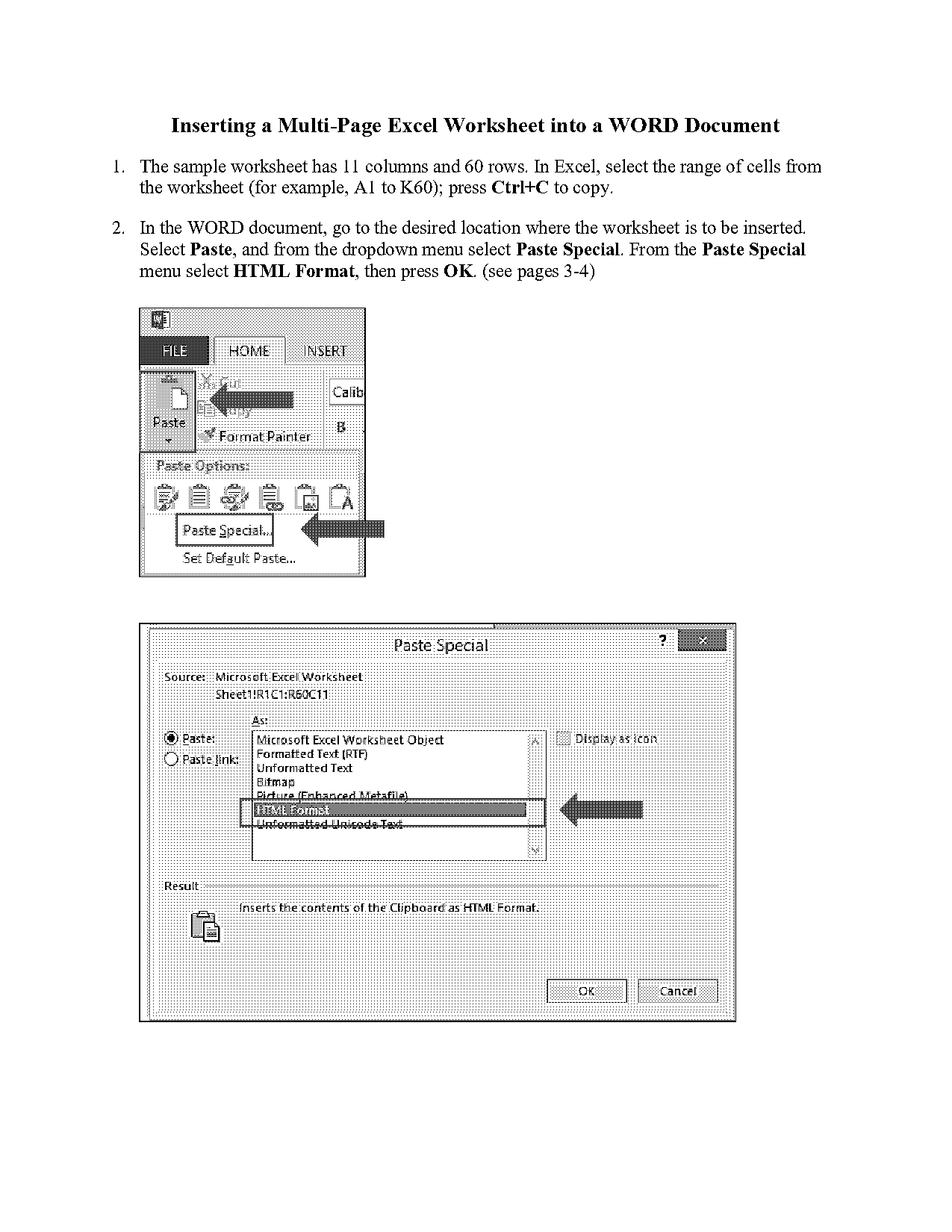 paste word document into excel spreadsheet