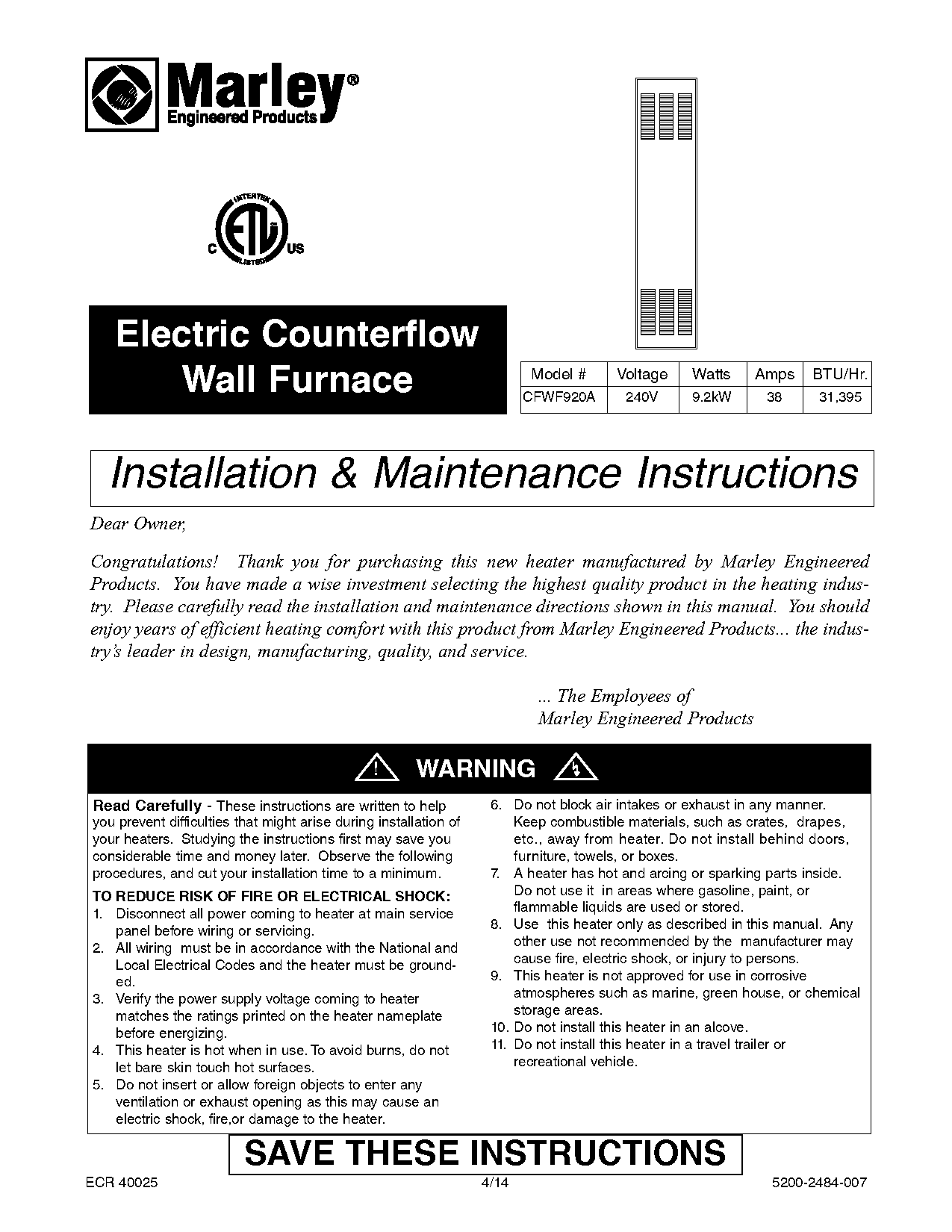 williams electric wall furnace manual