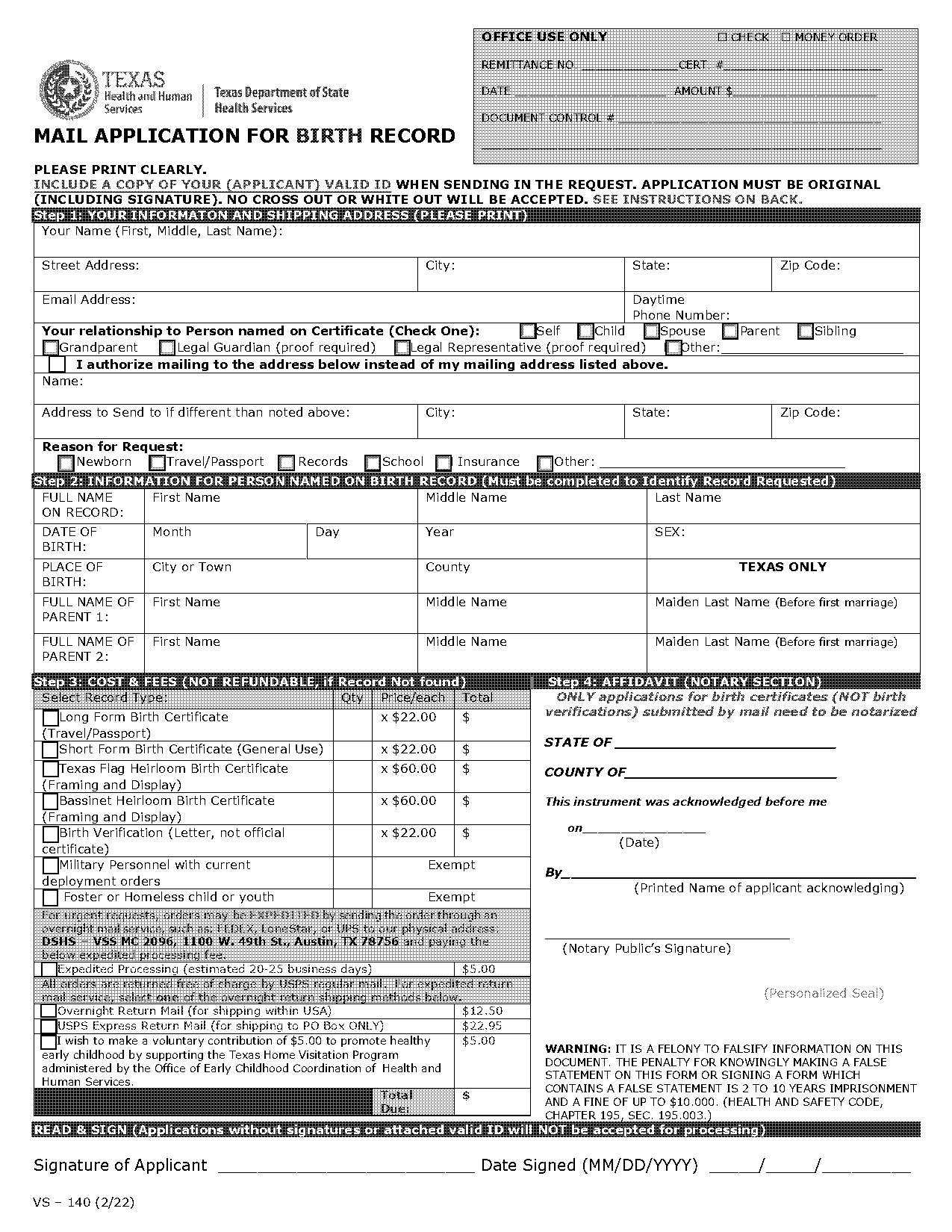 cost of having biirth certiificate request letter notarized