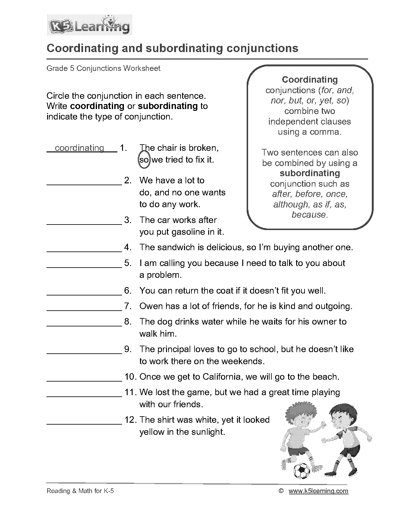 coordinating and subordinating conjunctions worksheets with answers pdf