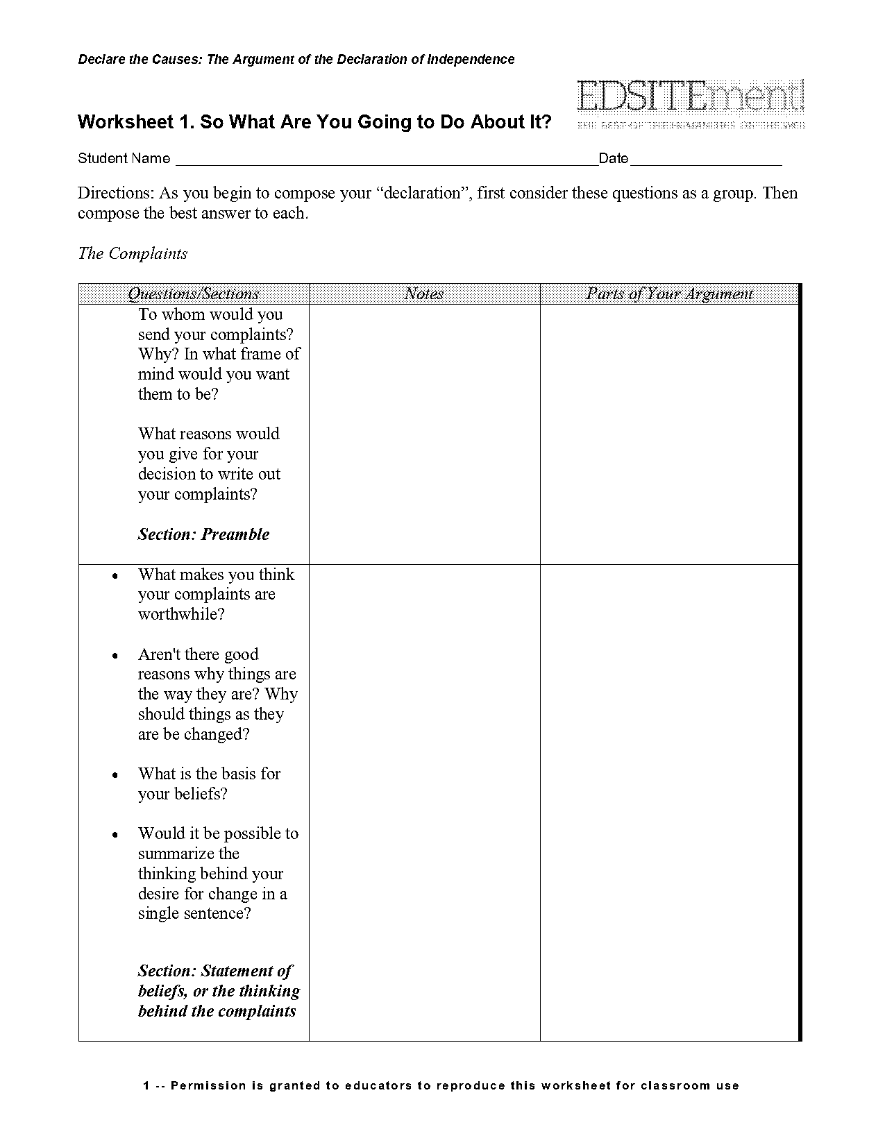 complaints in the declaration of independence worksheet