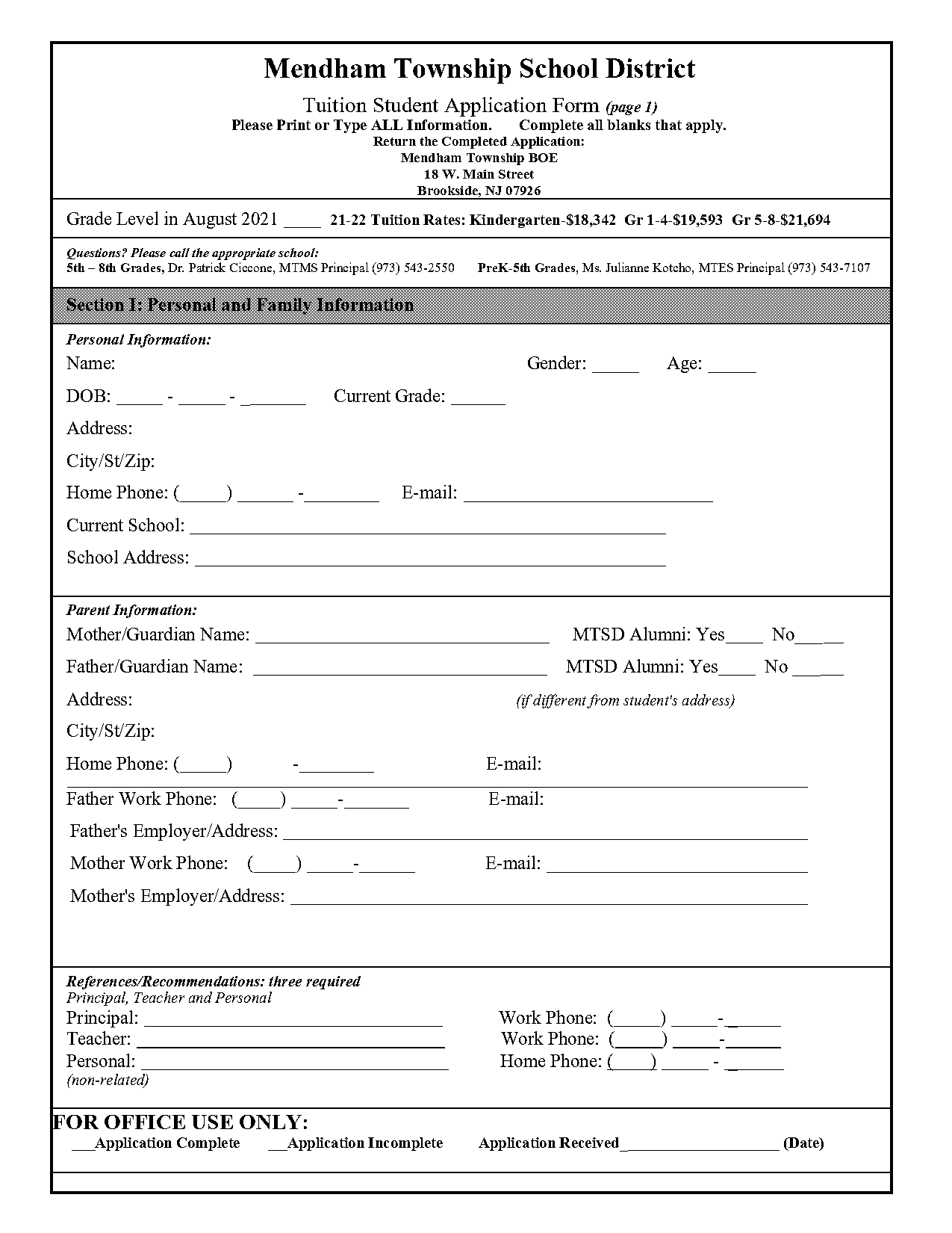 mendham township middle school forms