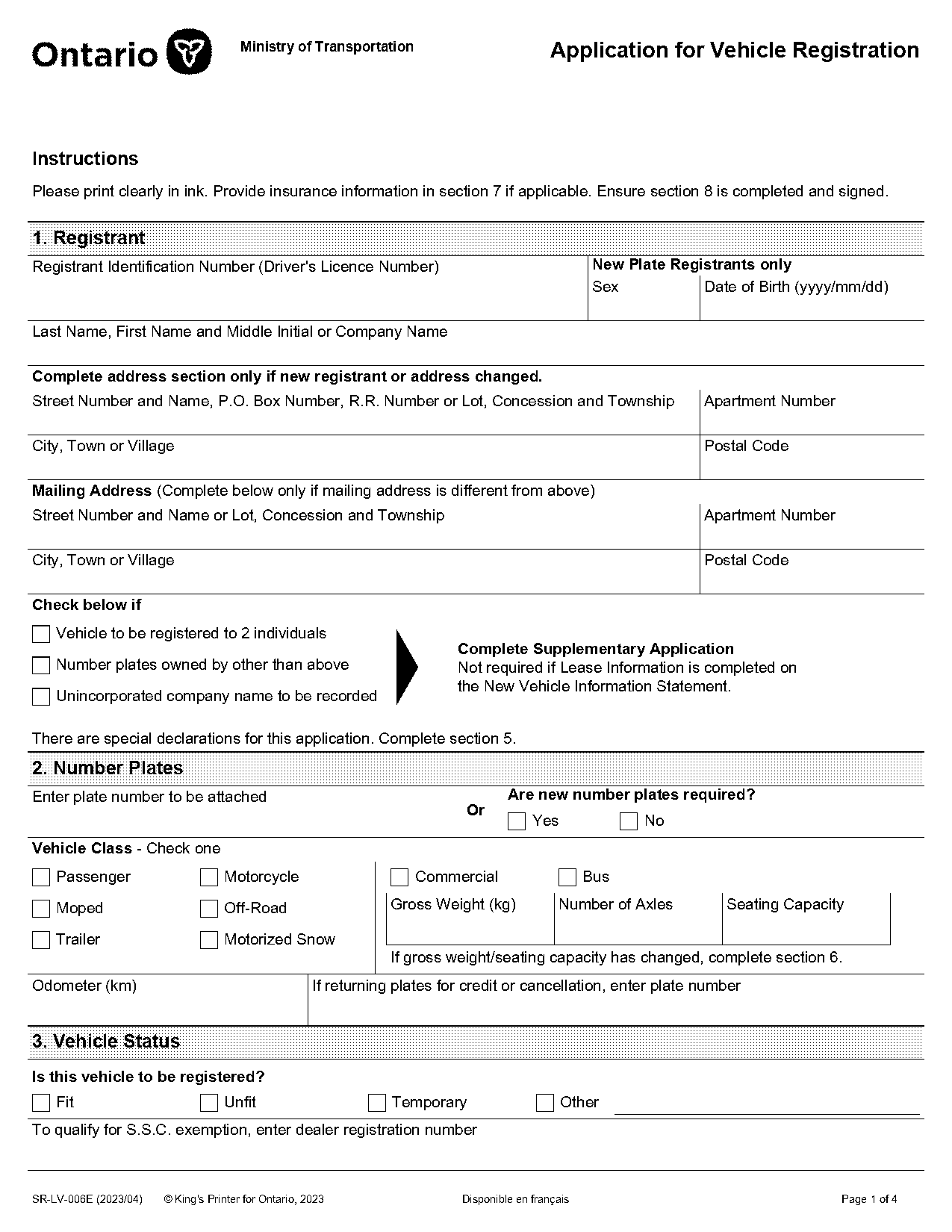 new vehicle information statement form ontario