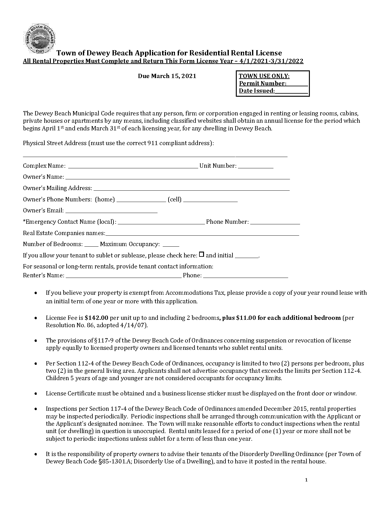 dewey beach application for business license