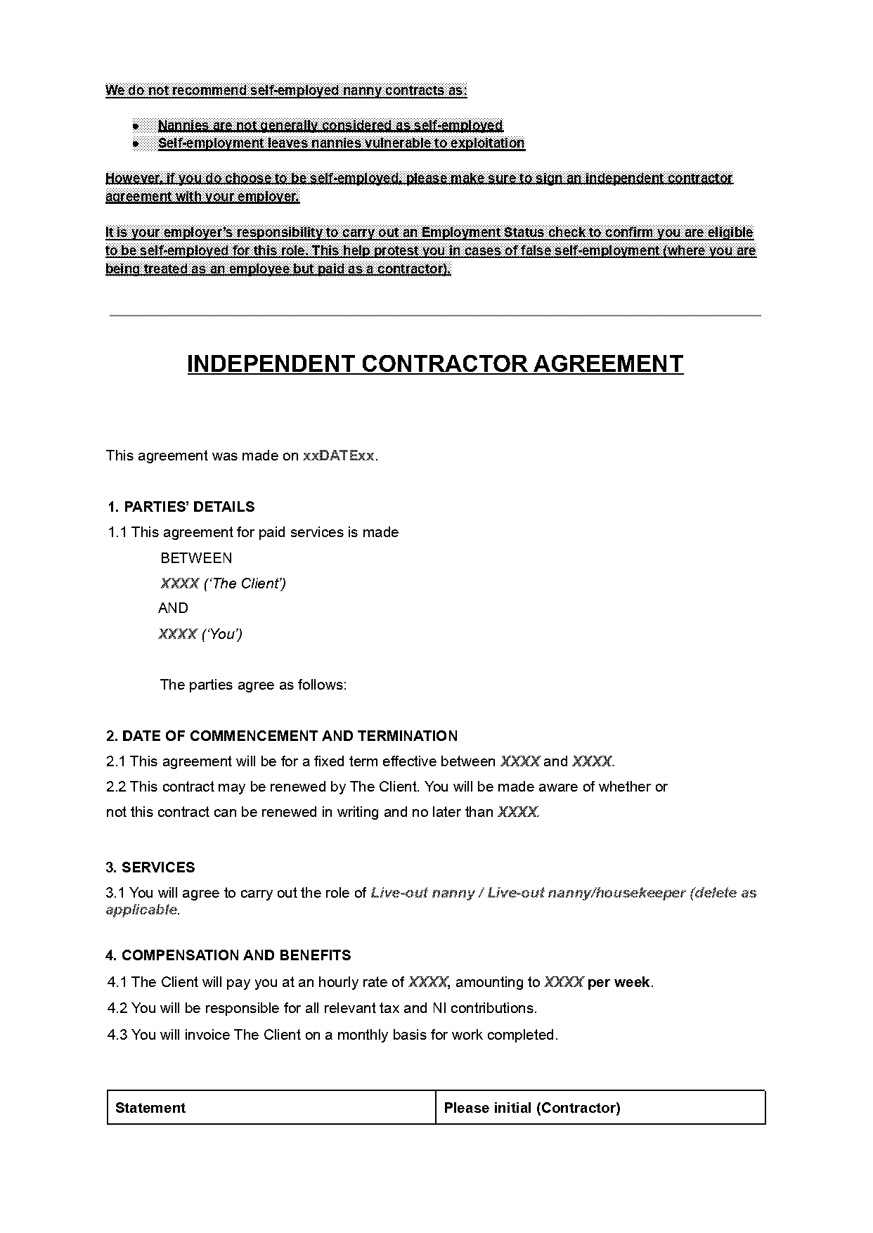 nanny housekeeper contract template