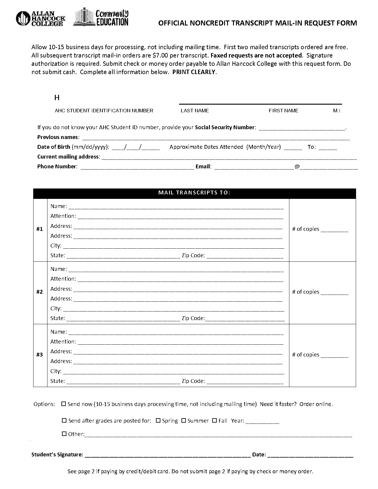 college transcript charge on credit card