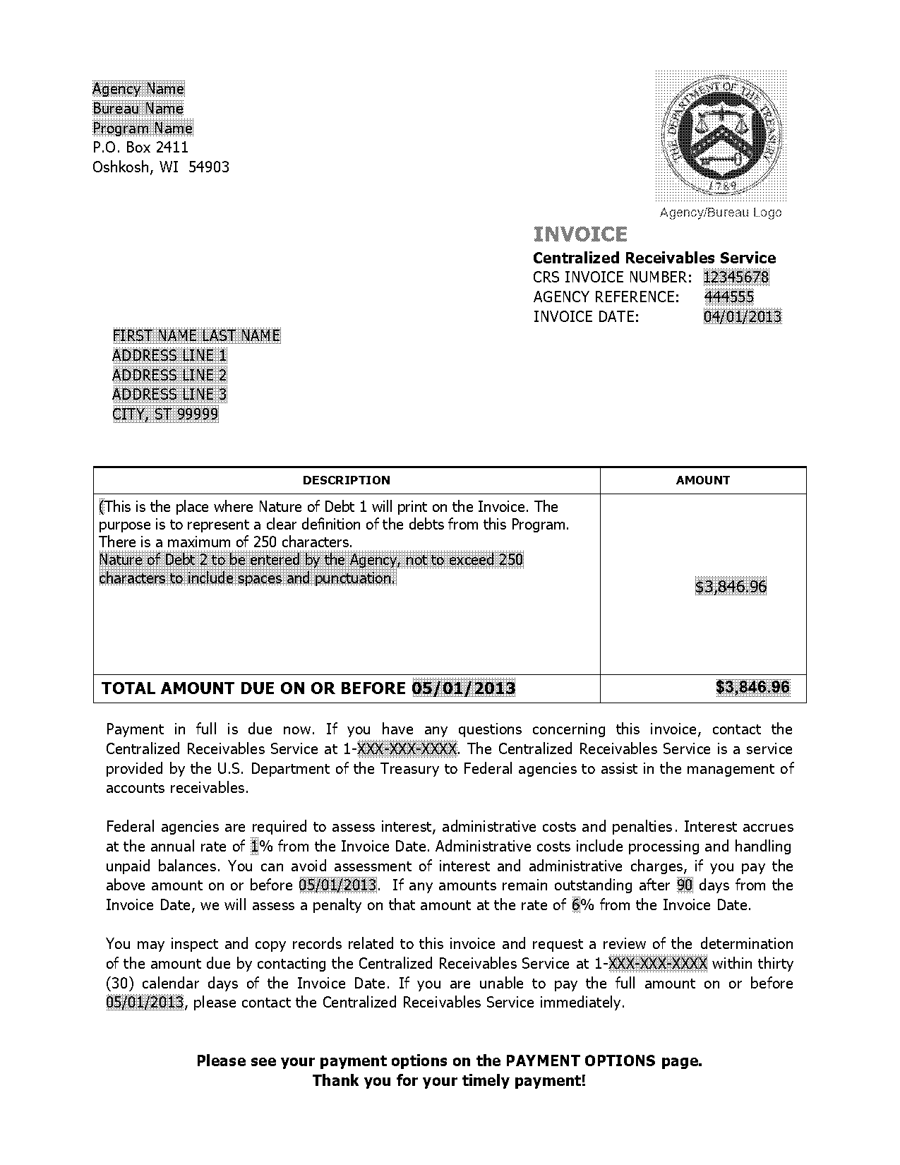 deposit options sample invoice