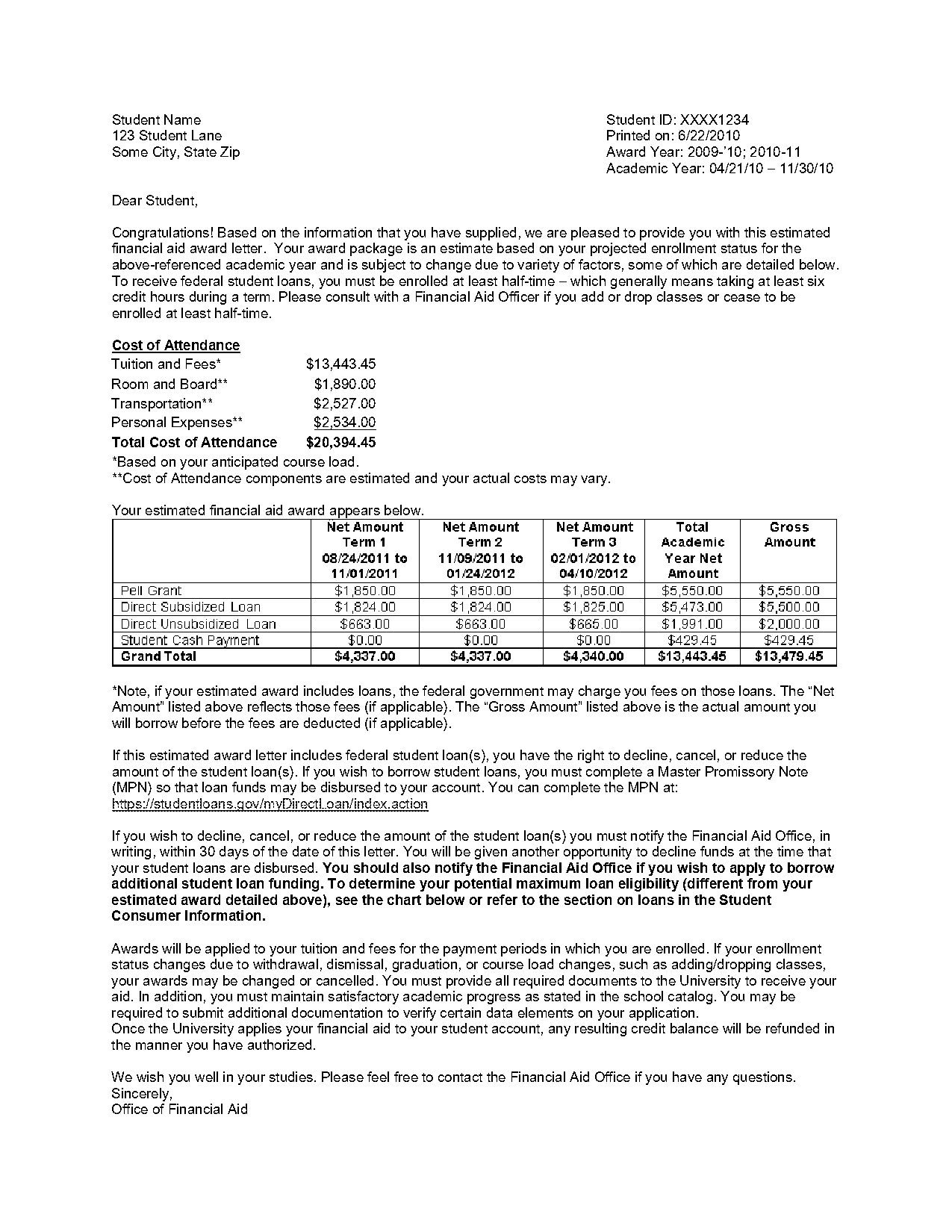 financial aid application letter sample