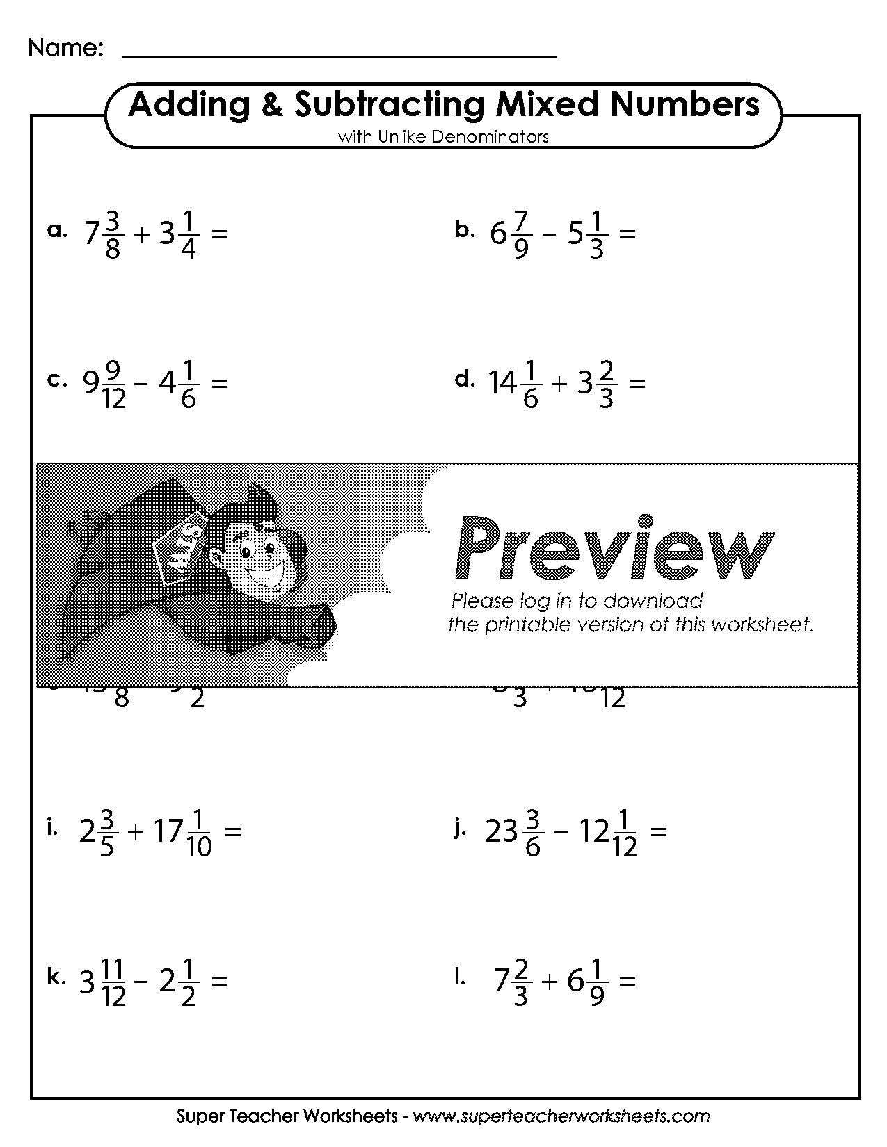 adding and subtracting mixed numbers with unlike denominators worksheet