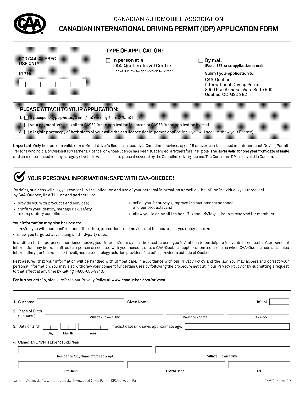 caa application for international drivers licence