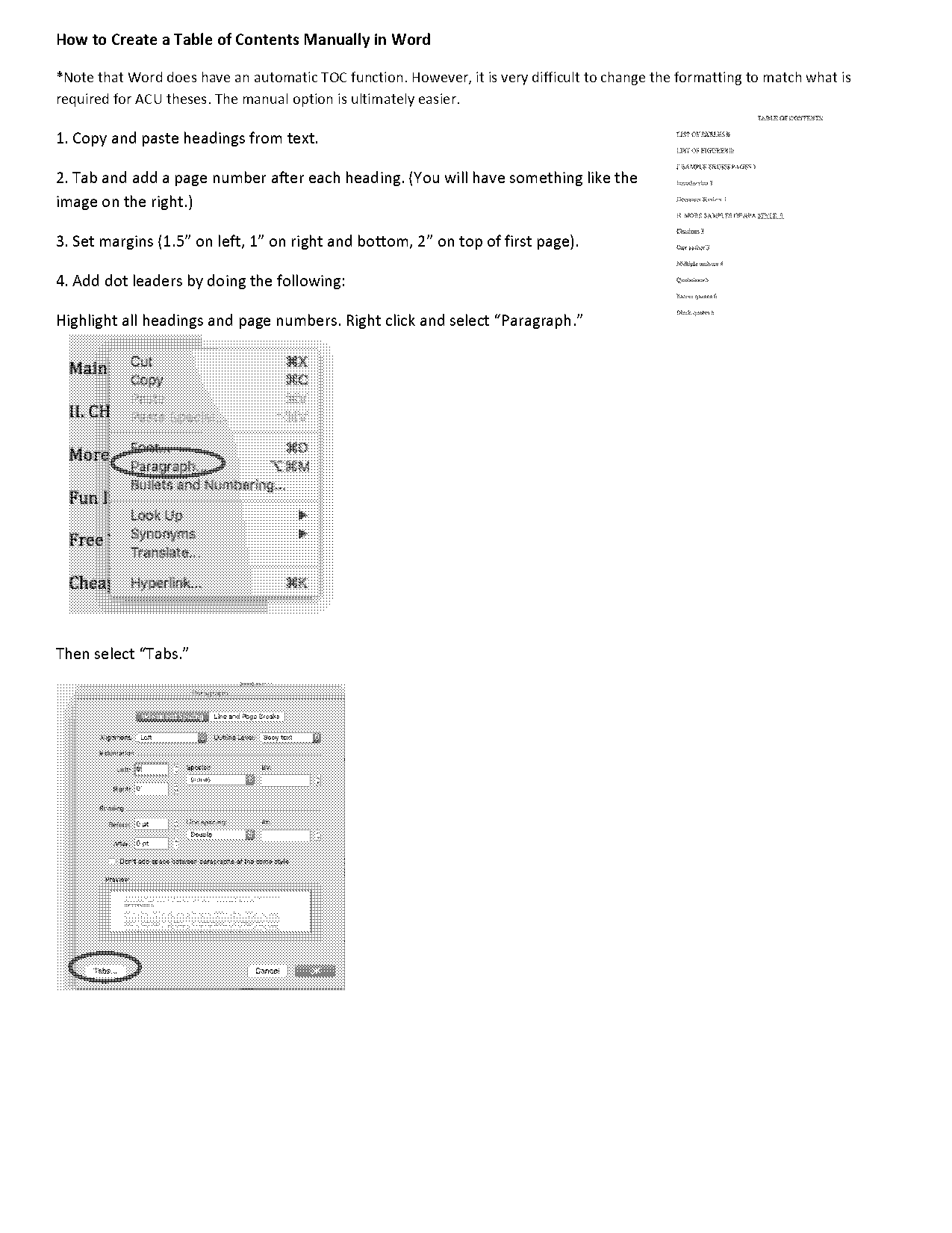 how to add the dots in table of contents