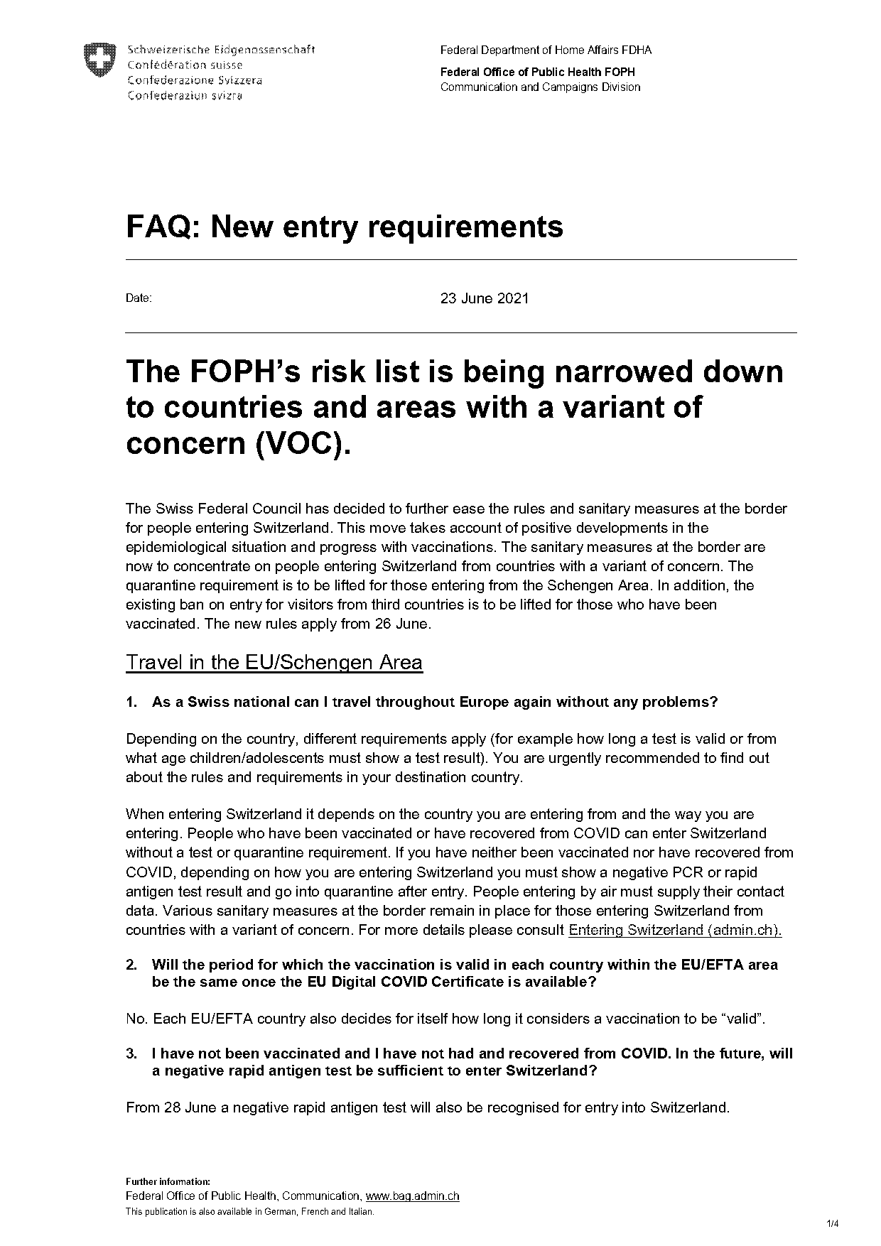 vaccination requirements for travel to switzerland