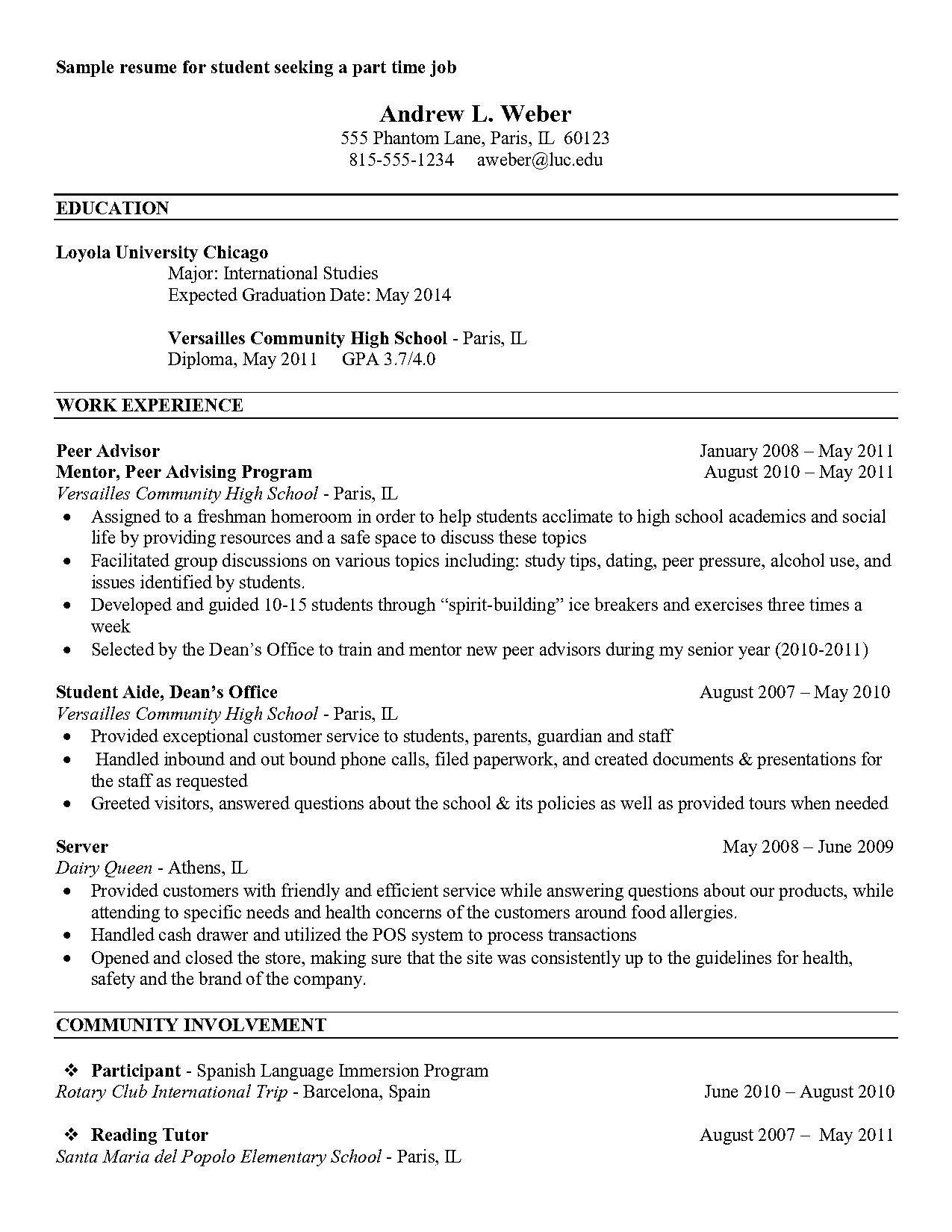 applying for on campus job resume