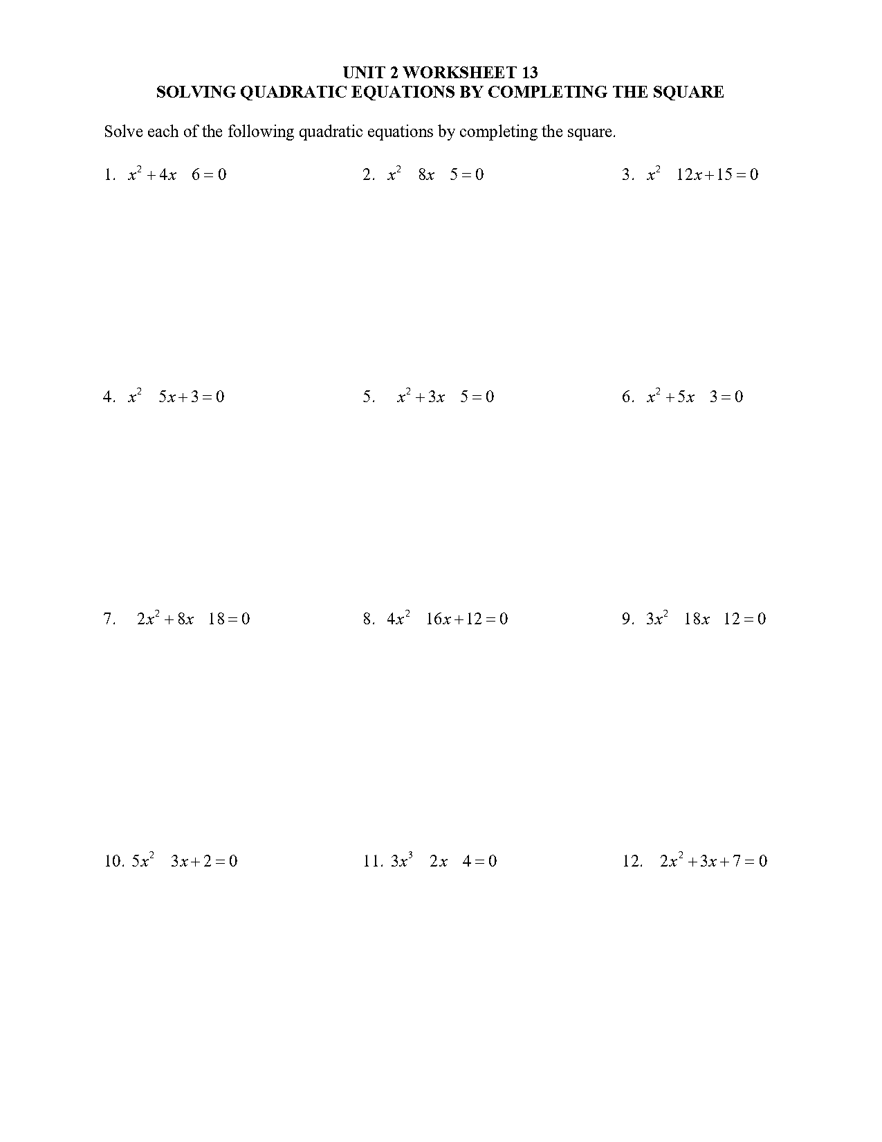 completing the square solving quadratic equations worksheet