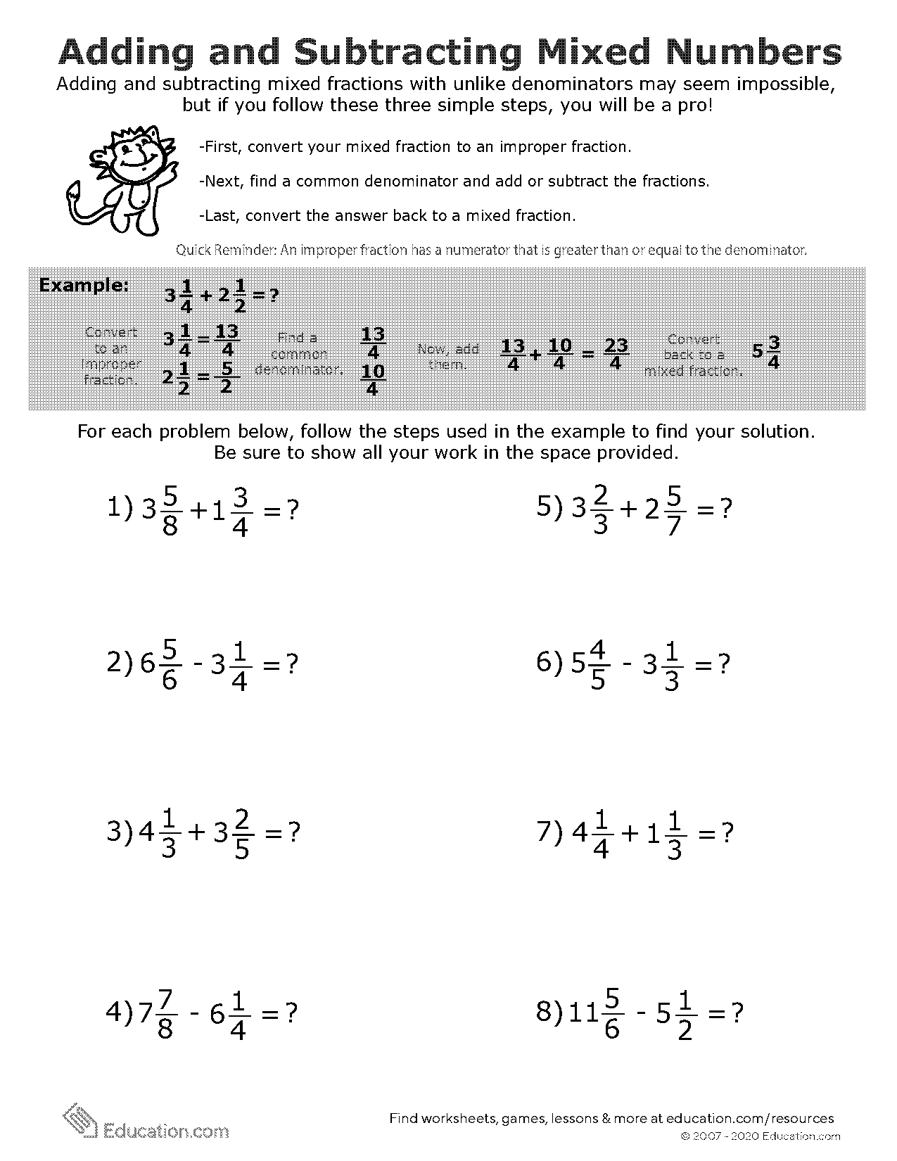 adding and subtracting mixed numbers with unlike denominators worksheet