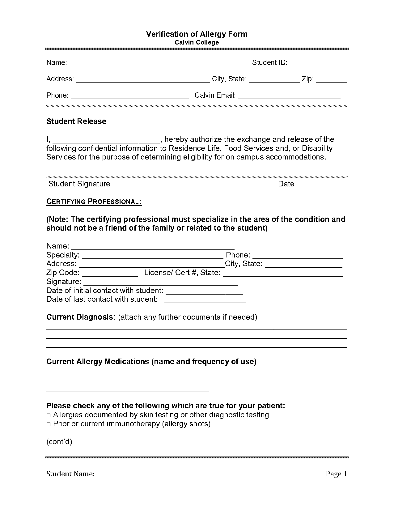 calvin college check request